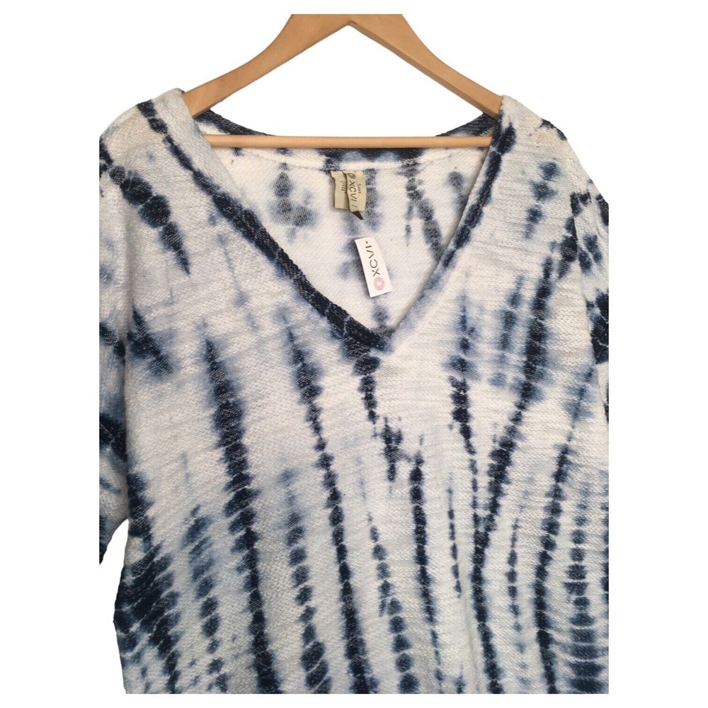 New XCVI Top Womens L Tie Dye Tunic Boho V Neck Short Sleeve Textured Knit Blue - Picture 3 of 14